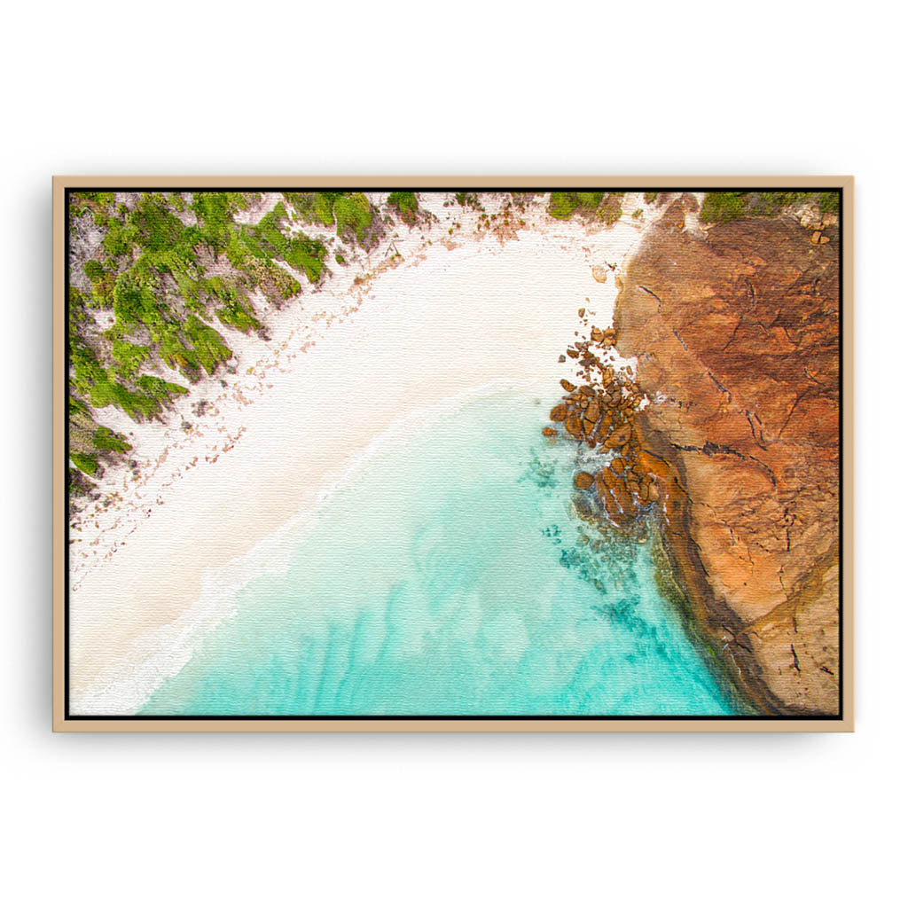 Aerial view of Hellfire Bay in Esperance, Western Australia framed canvas in raw oak
