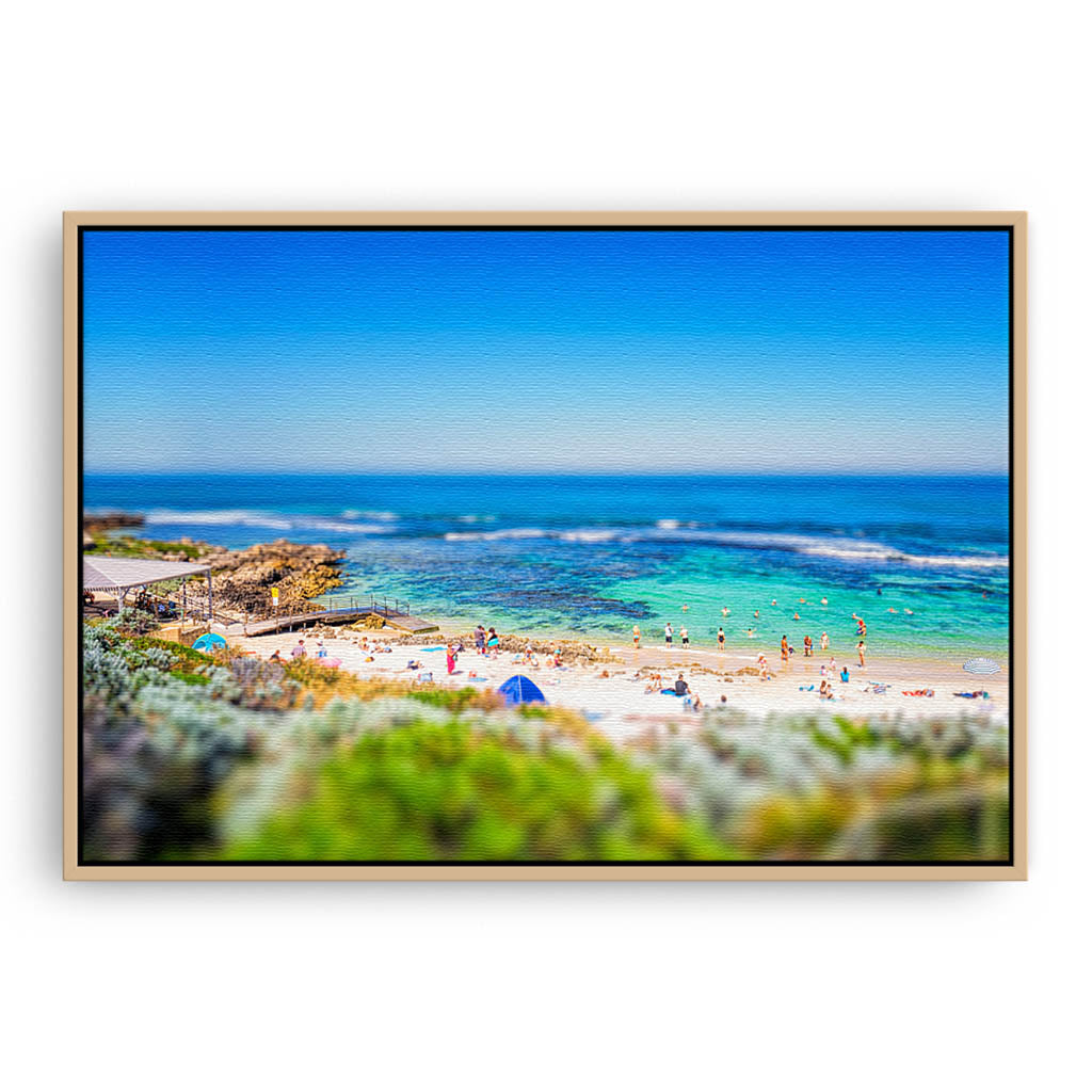 Miniature view of Mettams Pool in Perth, Western Australia framed canvas in raw oak