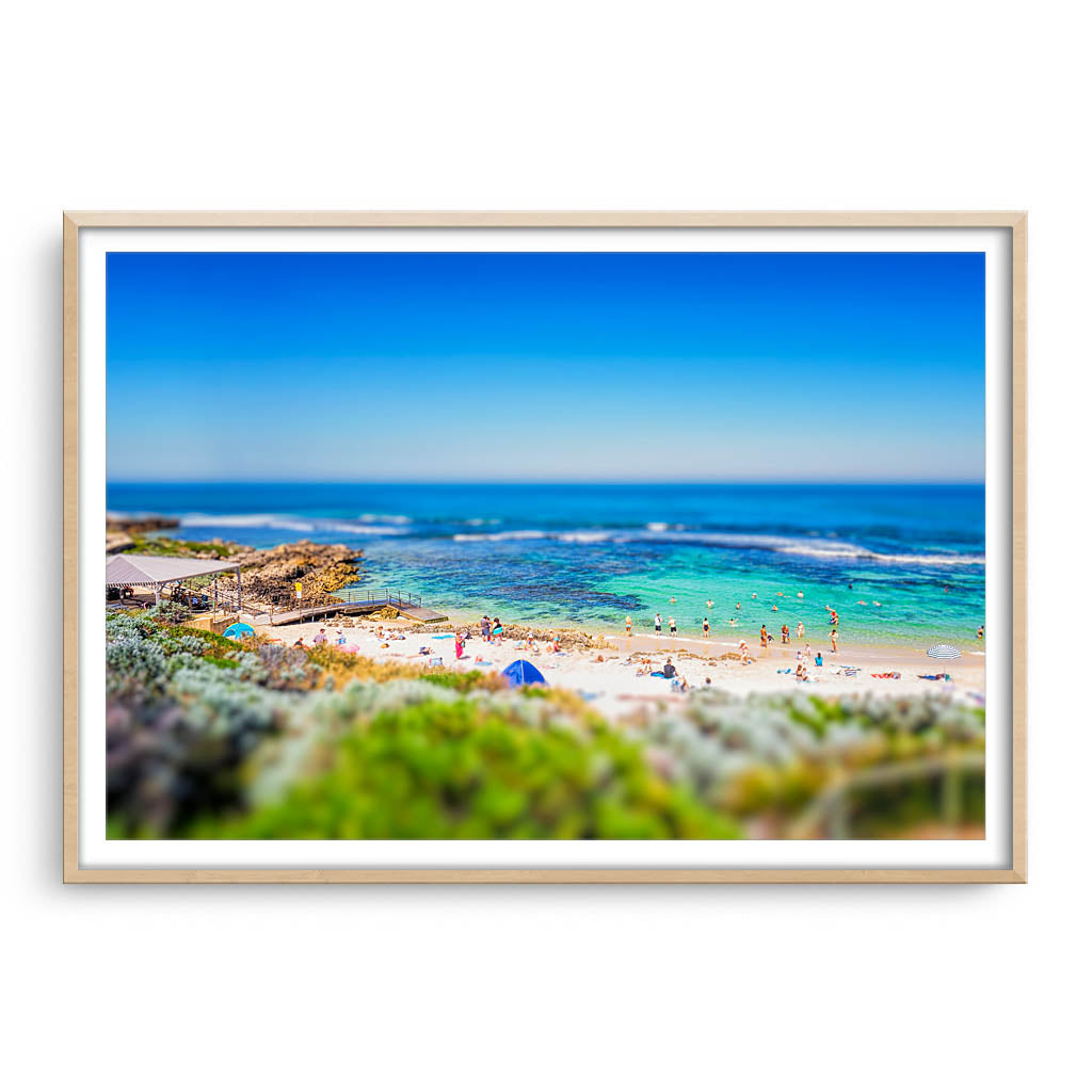 Miniature view of Mettams Pool in Perth, Western Australia framed in raw oak