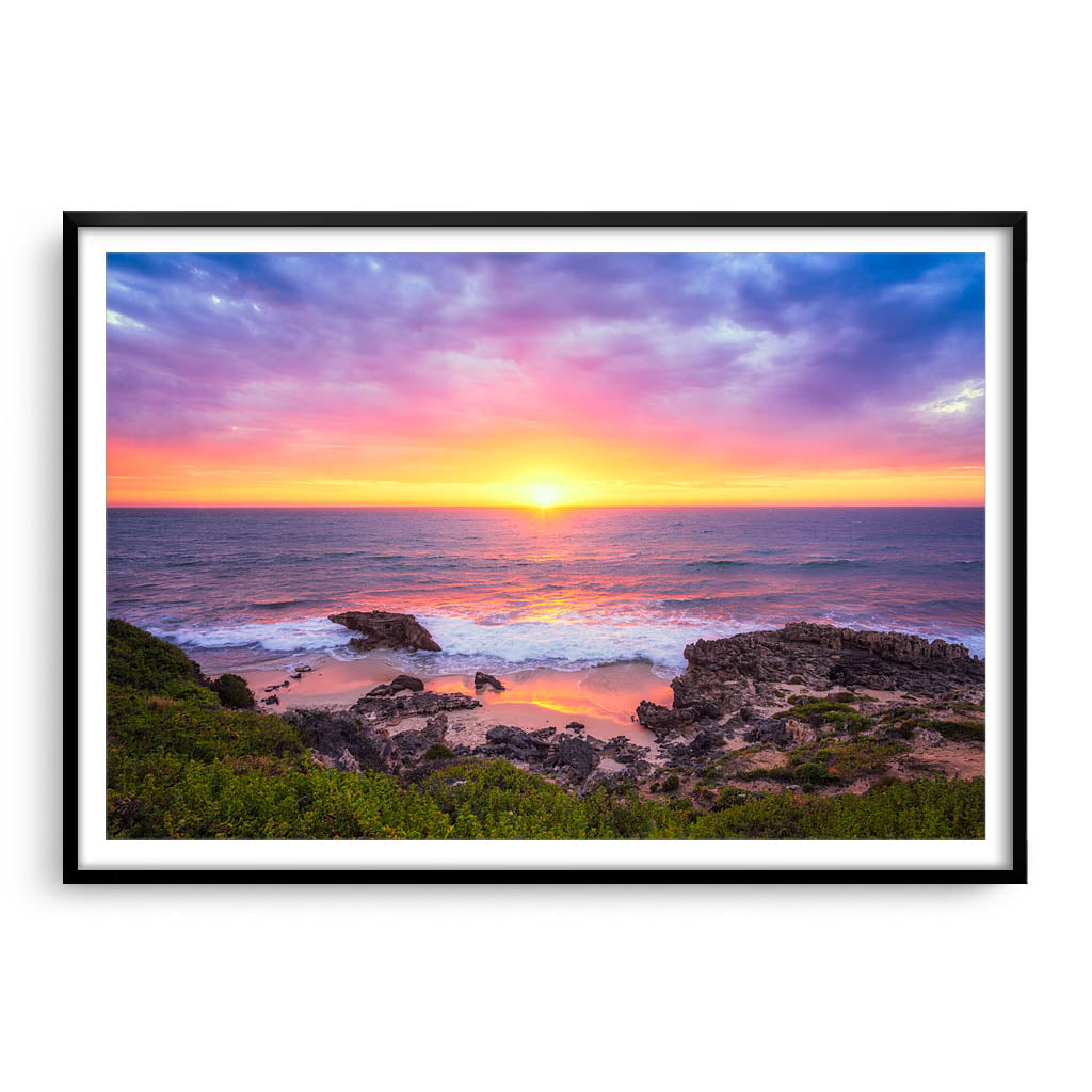 Beautiful sunset at Trigg Beach in Perth, Western Australia framed in black