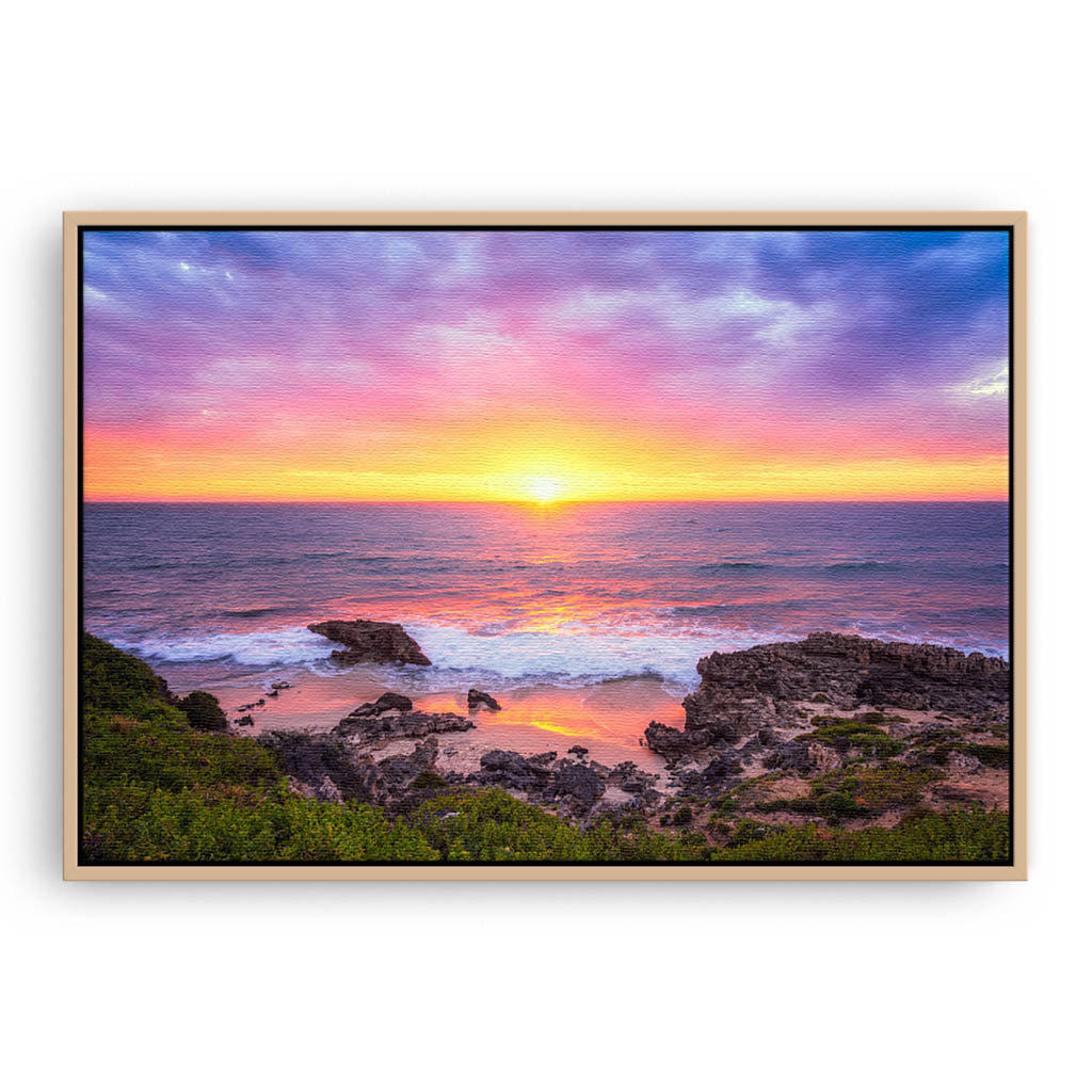 Beautiful sunset at Trigg Beach in Perth, Western Australia framed canvas in raw oak