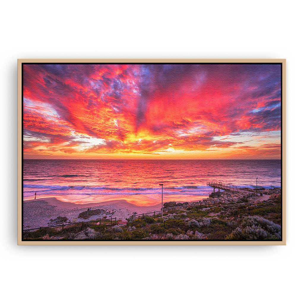 Incredible red sunset over North Beach Jetty in Perth, Western Australia framed canvas in raw oak