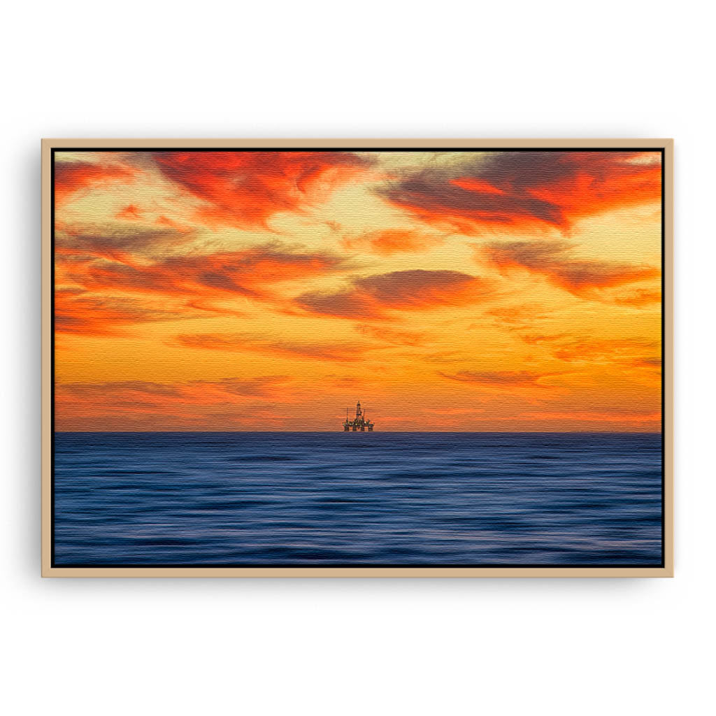 Armageddon oil rig at sunset in Perth, Western Australia framed canvas in raw oak