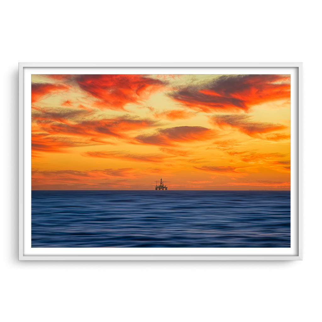 Armageddon oil rig at sunset in Perth, Western Australia framed in white