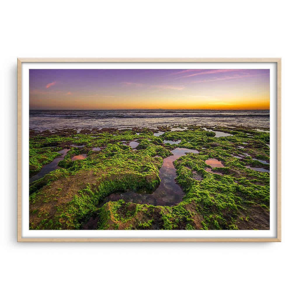 Sunset at North Beach in Perth, Western Australia framed in raw oak