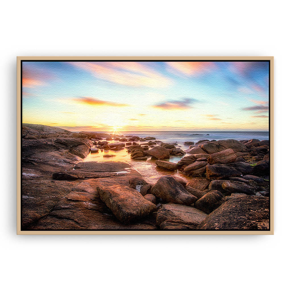 Cape Leeuwin sunset in Augusta, Western Australia framed canvas in raw oak