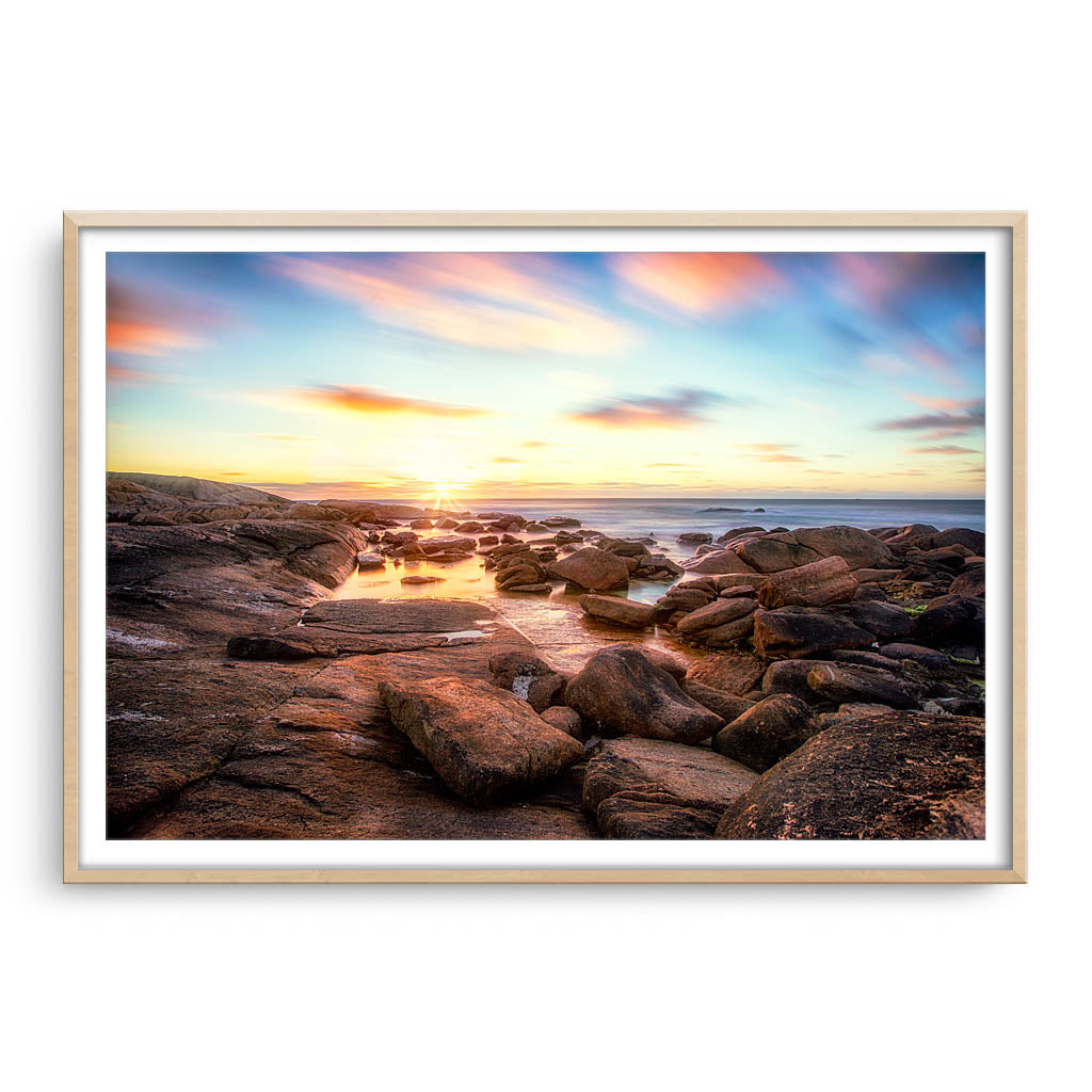 Cape Leeuwin sunset in Augusta, Western Australia framed in raw oak