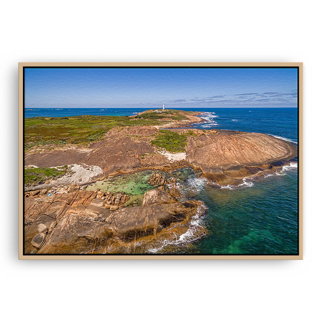 Aerial view of Cape Leeuwin in Augusta, Western Australia framed canvas in raw oak