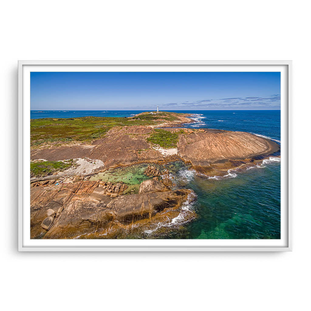 Aerial view of Cape Leeuwin in Augusta, Western Australia framed in white