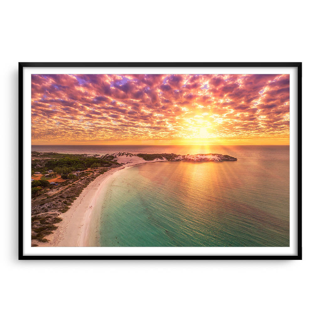 Aerial sunset over Sandy Bay in Western Australia framed in black