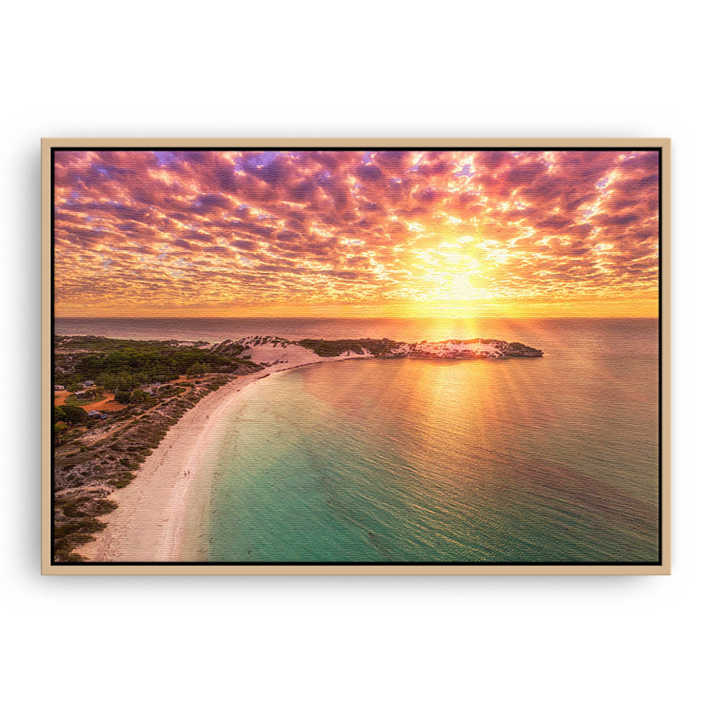 Aerial sunset over Sandy Bay in Western Australia framed canvas in raw oak