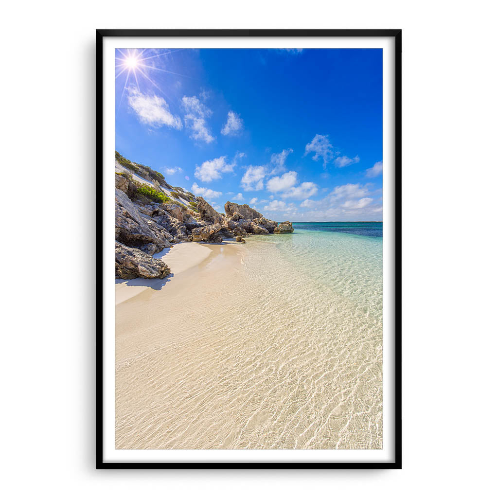 Sandy Bay on a sunny day in Western Australia framed in black