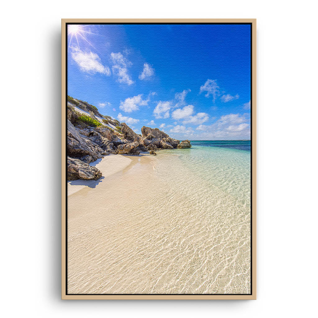 Sandy Bay on a sunny day in Western Australia framed canvas in raw oak