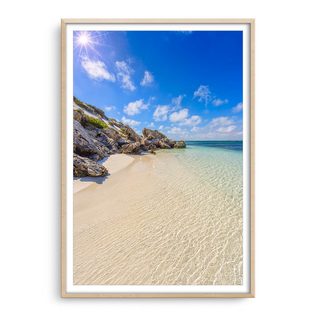 Sandy Bay on a sunny day in Western Australia framed in raw oak