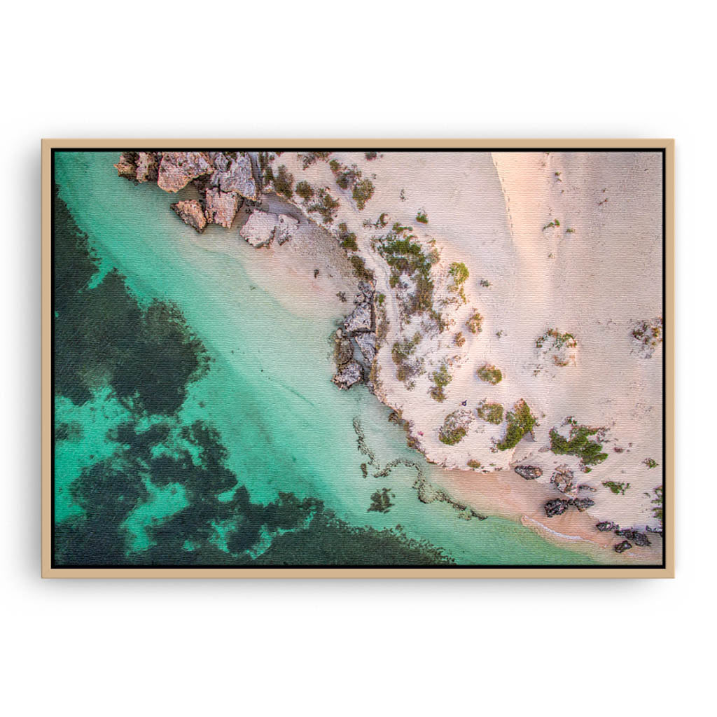 Aerial view of Sandy Cape in Western Australia framed canvas in raw oak
