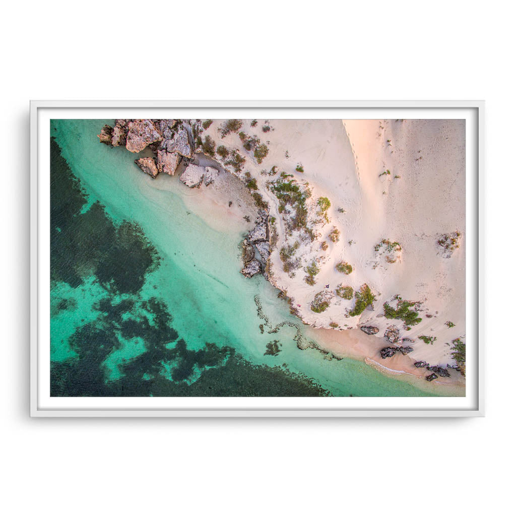 Aerial view of Sandy Cape in Western Australia framed in white