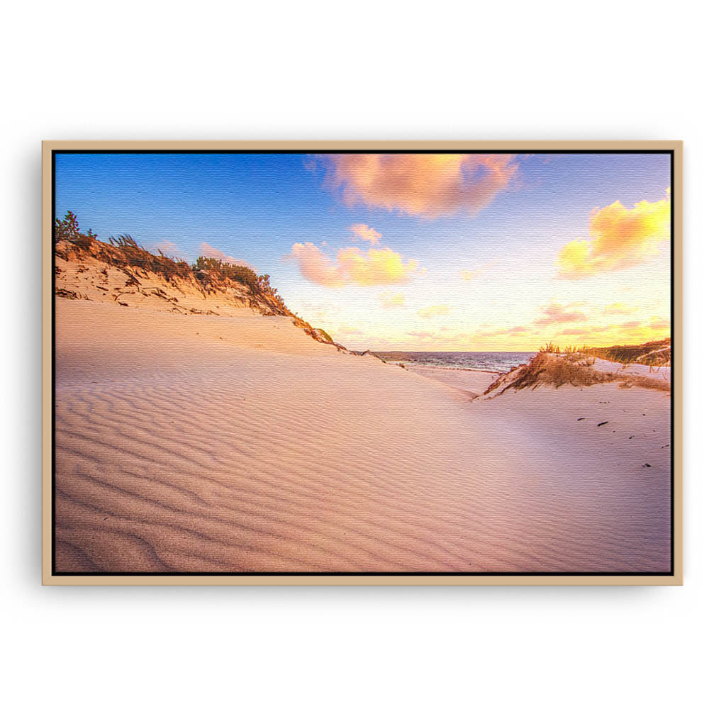 Sand ripples at sunset at Sandy Cape, Western Australia  framed canvas in raw oak