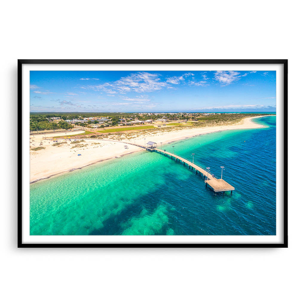 Aerial view of Jurien Bay Jetty in Western Australia framed in black