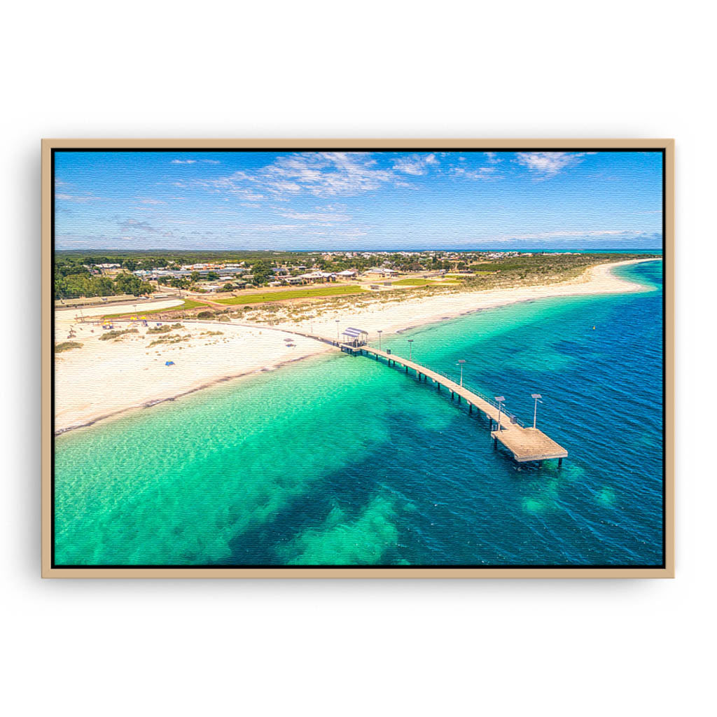 Aerial view of Jurien Bay Jetty in Western Australia framed canvas in raw oak