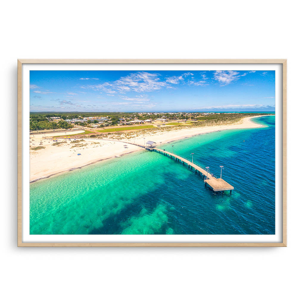 Aerial view of Jurien Bay Jetty in Western Australia framed in raw oak