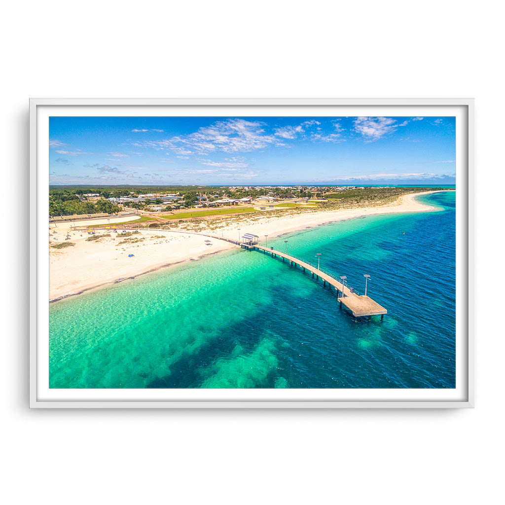 Aerial view of Jurien Bay Jetty in Western Australia framed in white