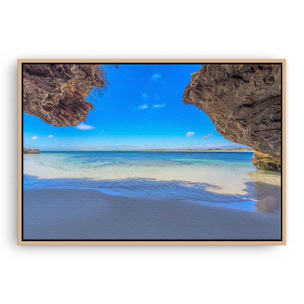 Stunning view of Sandy Cape in Western Australia framed canvas in raw oak