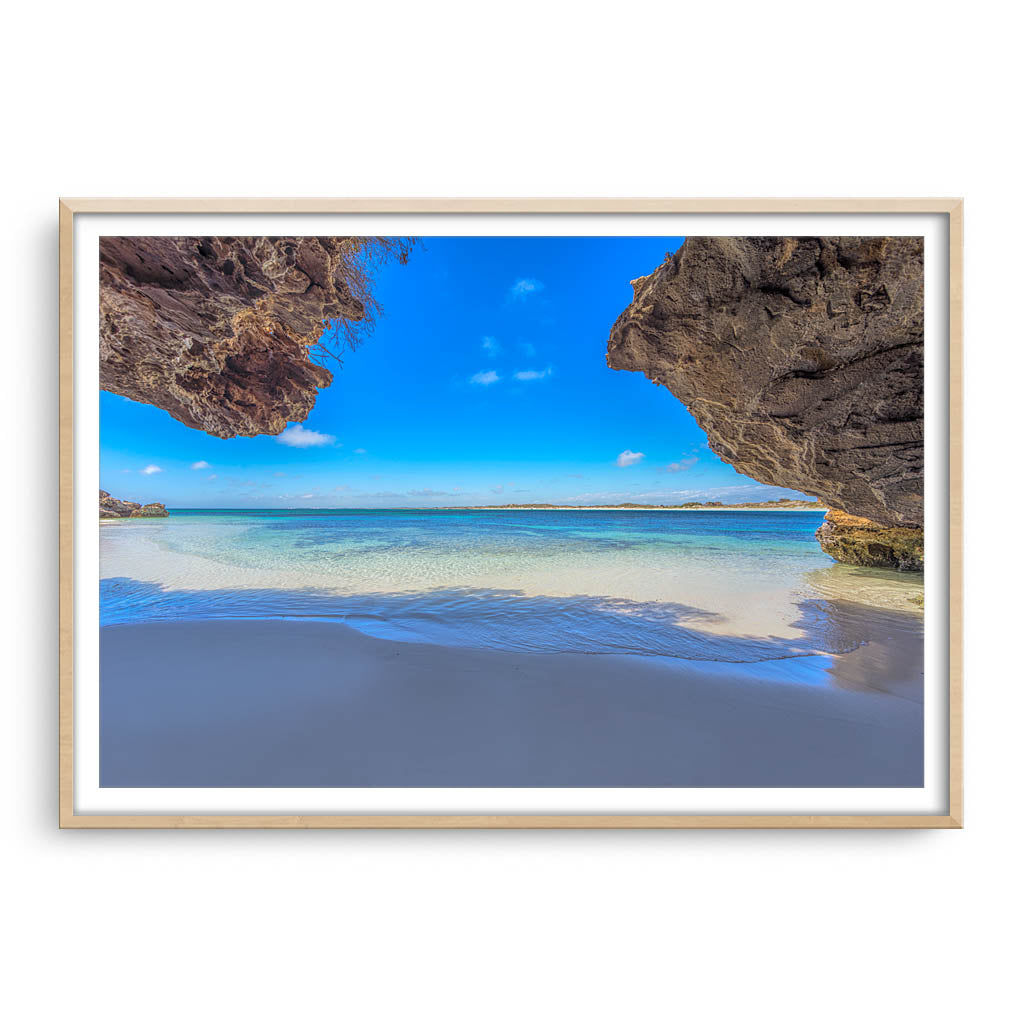 Stunning view of Sandy Cape in Western Australia framed in raw oak