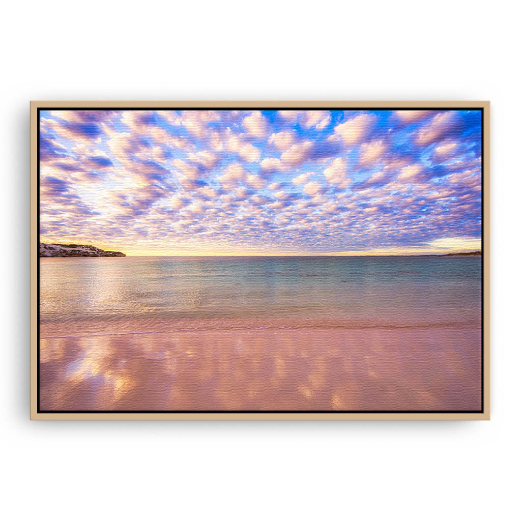 Cotton candy clouds over Sandy Cape in Western Australia framed canvas in raw oak