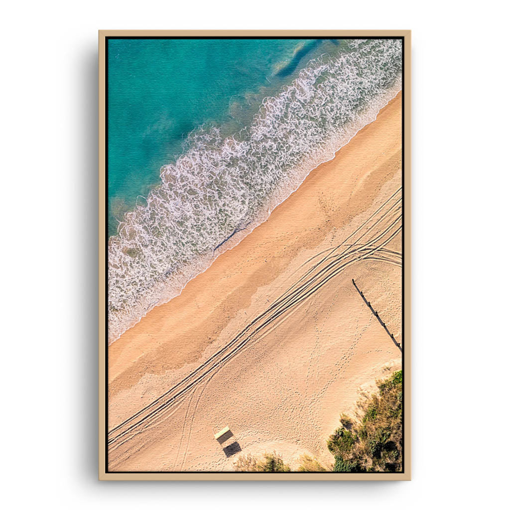 Aerial view of Myalup Beach in Western Australia framed canvas in raw oak