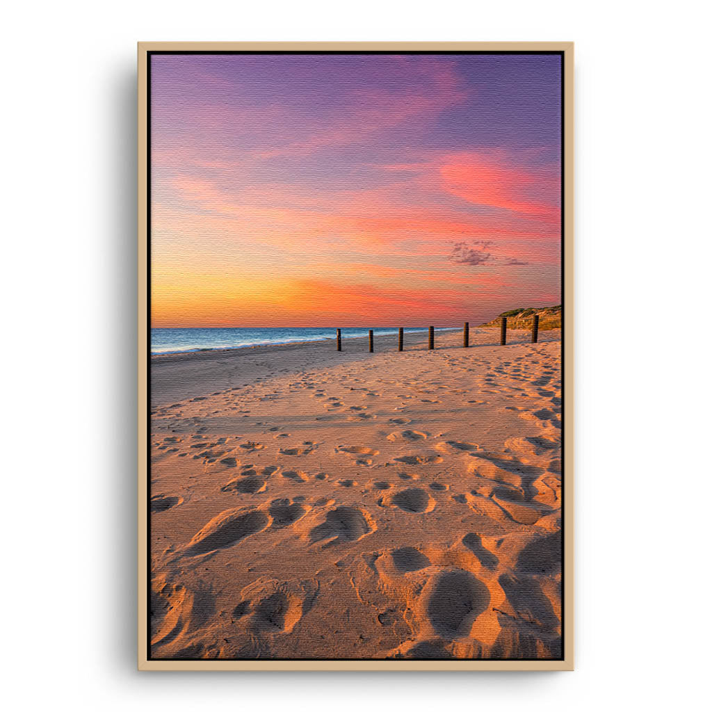 Sunset at Myalup Beach in Western Australia framed canvas in raw oak