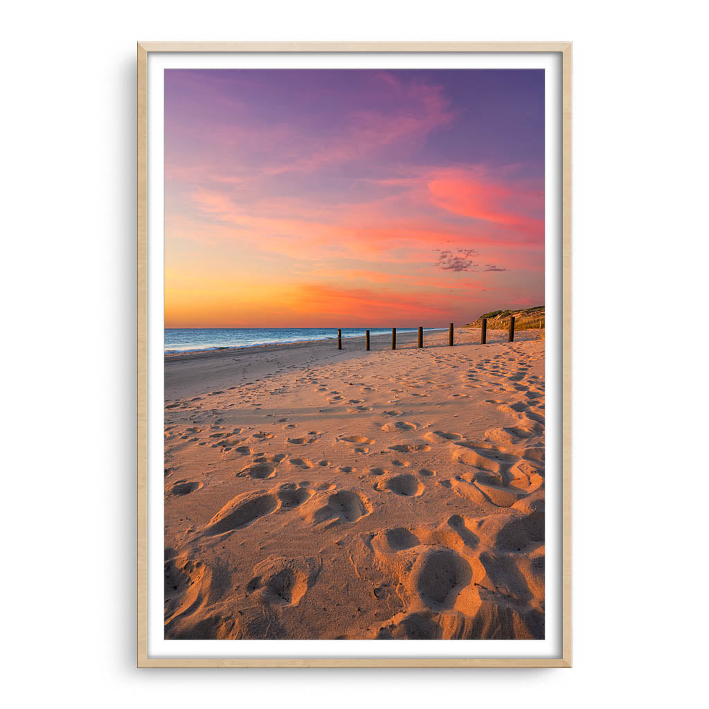 Sunset at Myalup Beach in Western Australia framed in raw oak