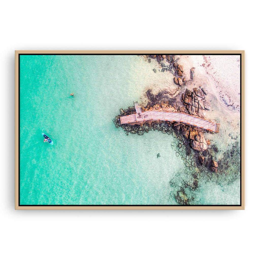 Aerial view of SUP in Augusta, Western Australia framed canvas in raw oak