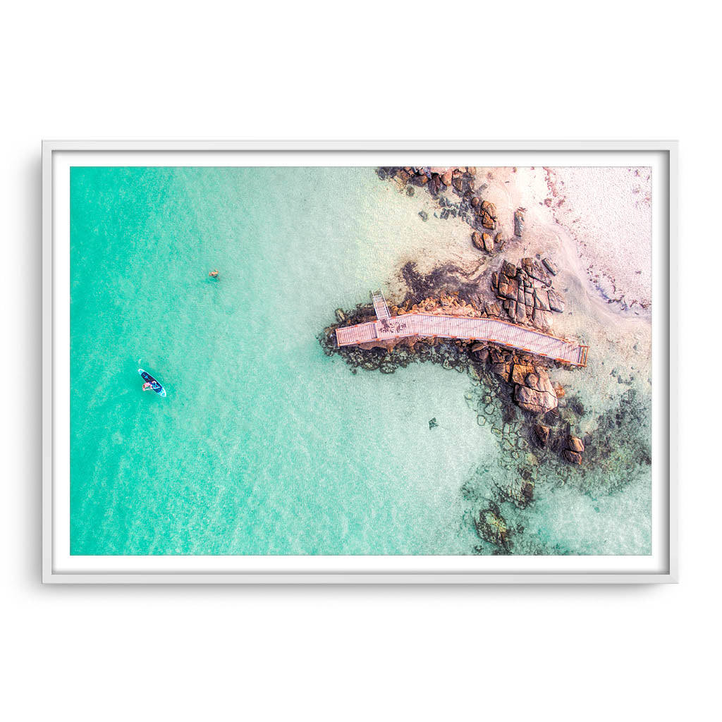 Aerial view of SUP in Augusta, Western Australia framed in white