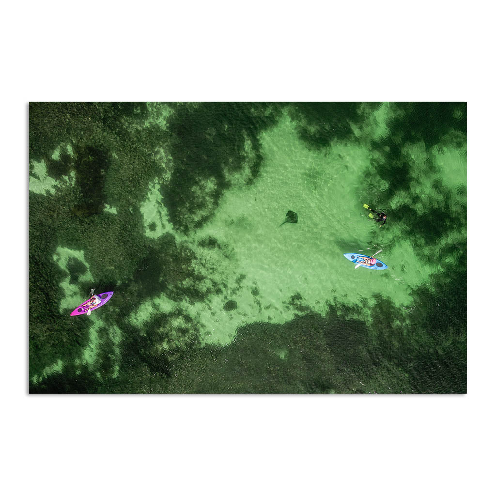 Aerial view of kayaks and stingray at Sandy Cape in Western Australia