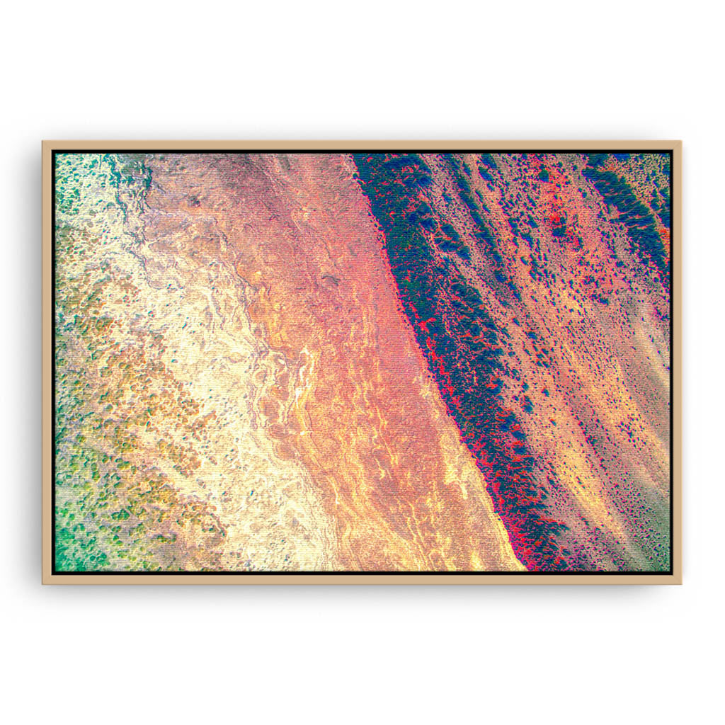 Aerial view of salt lake in Western Australia framed canvas in raw oak