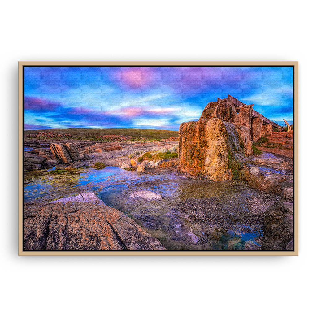 Old water wheel at sunset in Augusta, Western Australia framed canvas in raw oak