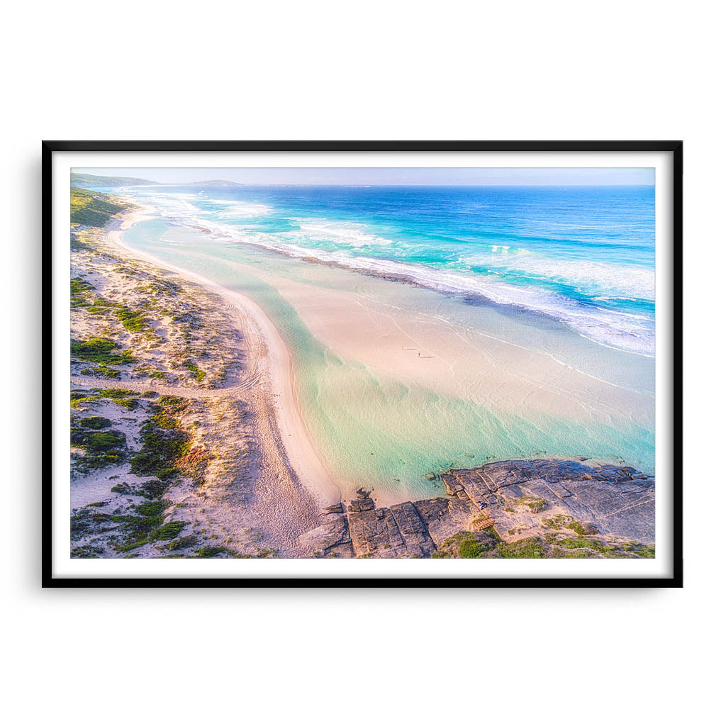 Aerial view of Eleven Mile Beach in Esperance, Western Australia framed in black