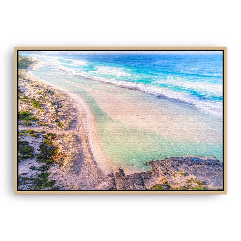 Aerial view of Eleven Mile Beach in Esperance, Western Australia framed canvas in raw oak