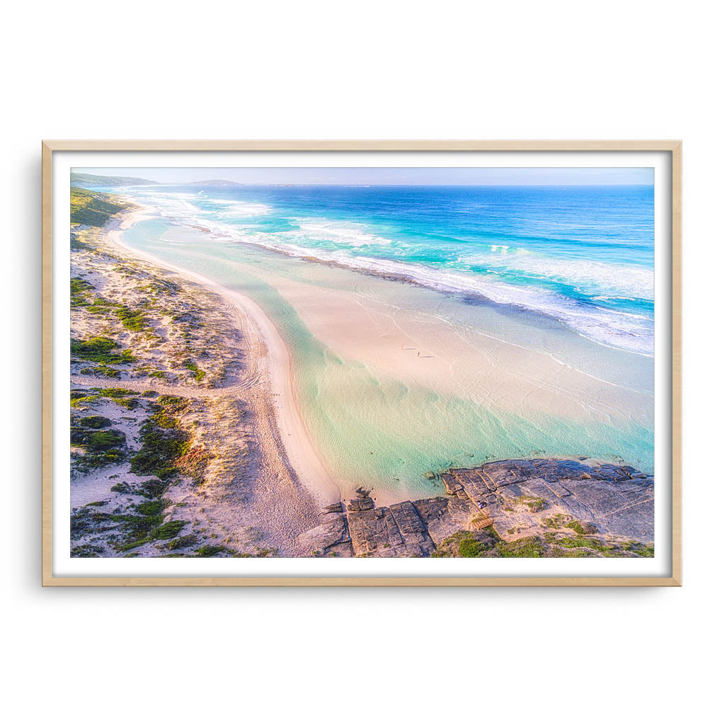 Aerial view of Eleven Mile Beach in Esperance, Western Australia framed in raw oak