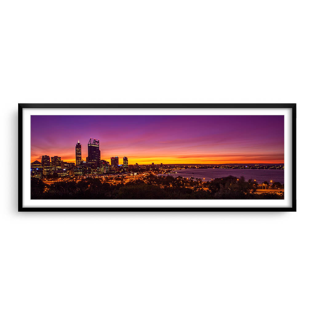 Perth City at sunrise framed in black