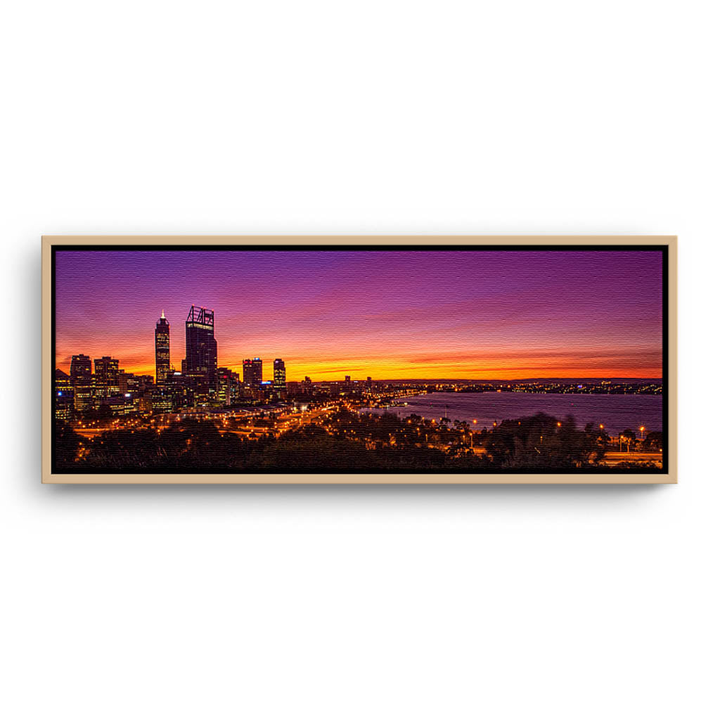 Perth City at sunrise framed canvas in raw oak