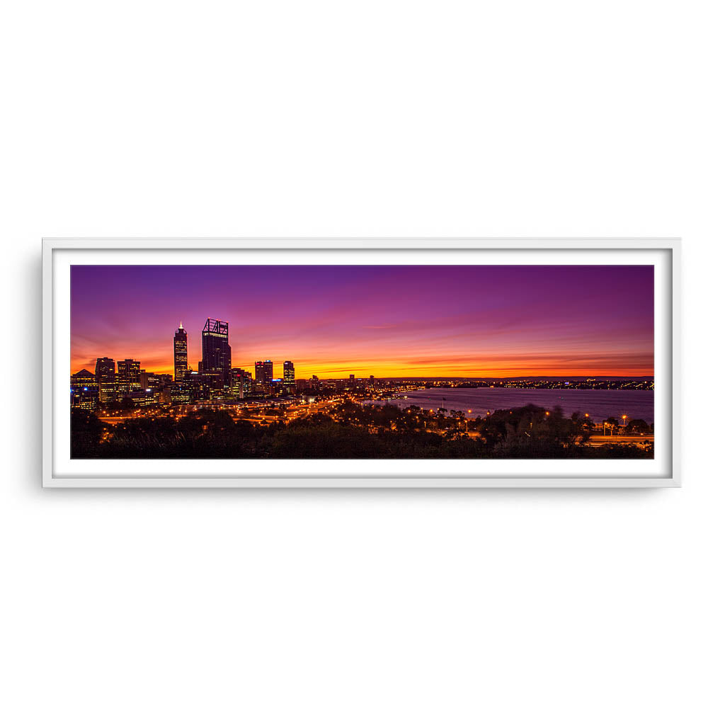 Perth City at sunrise framed in white