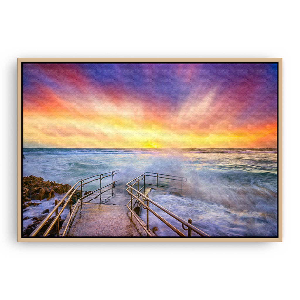 Colourful stormy sunset at Mettams Pool in Perth, Western Australia framed canvas in raw oak