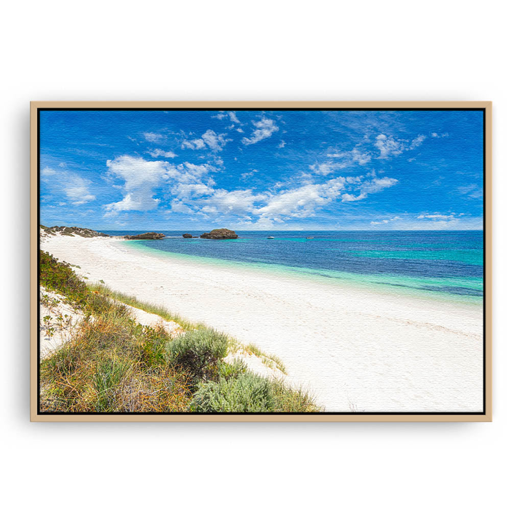 Parakeet Bay on Rottnest Island in Western Australia framed canvas in raw oak