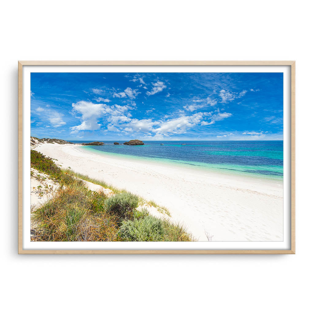 Parakeet Bay on Rottnest Island in Western Australia framed in raw oak