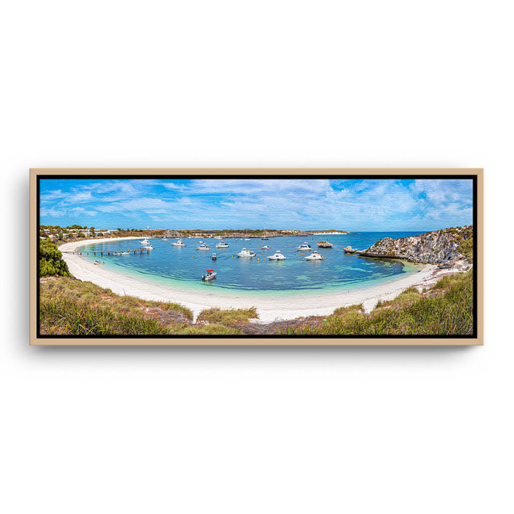 Geordie Bay on Rottnest Island in Western Australia framed canvas in raw oak