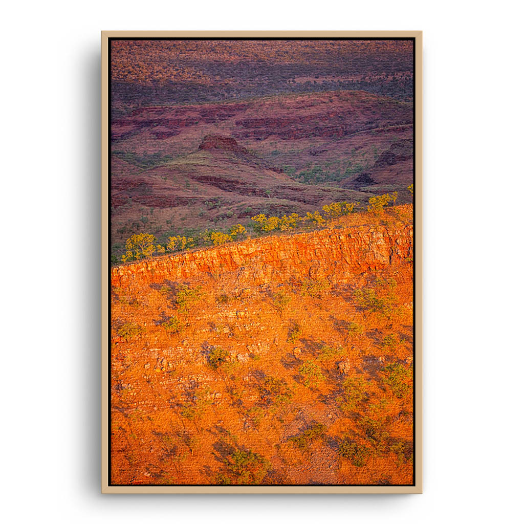 Sunset over the Kimberley Ridges in Western Australia framed canvas in raw oak