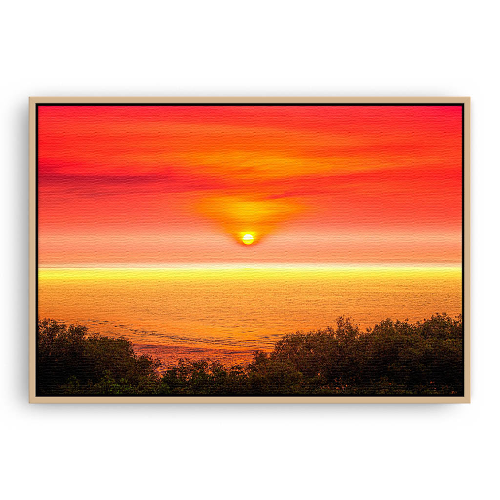 Sunrise over Broome in Western Australia framed canvas in raw oak