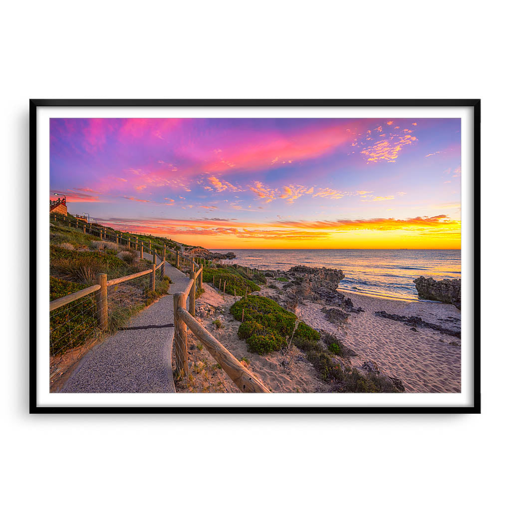 Sunset at Mettams Pool in Perth, Western Australia framed in black