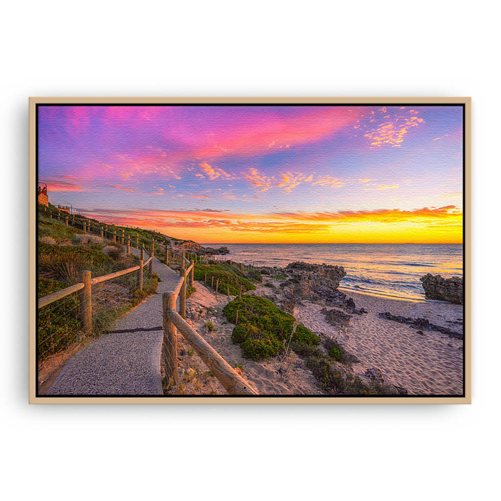 Sunset at Mettams Pool in Perth, Western Australia framed canvas in raw oak